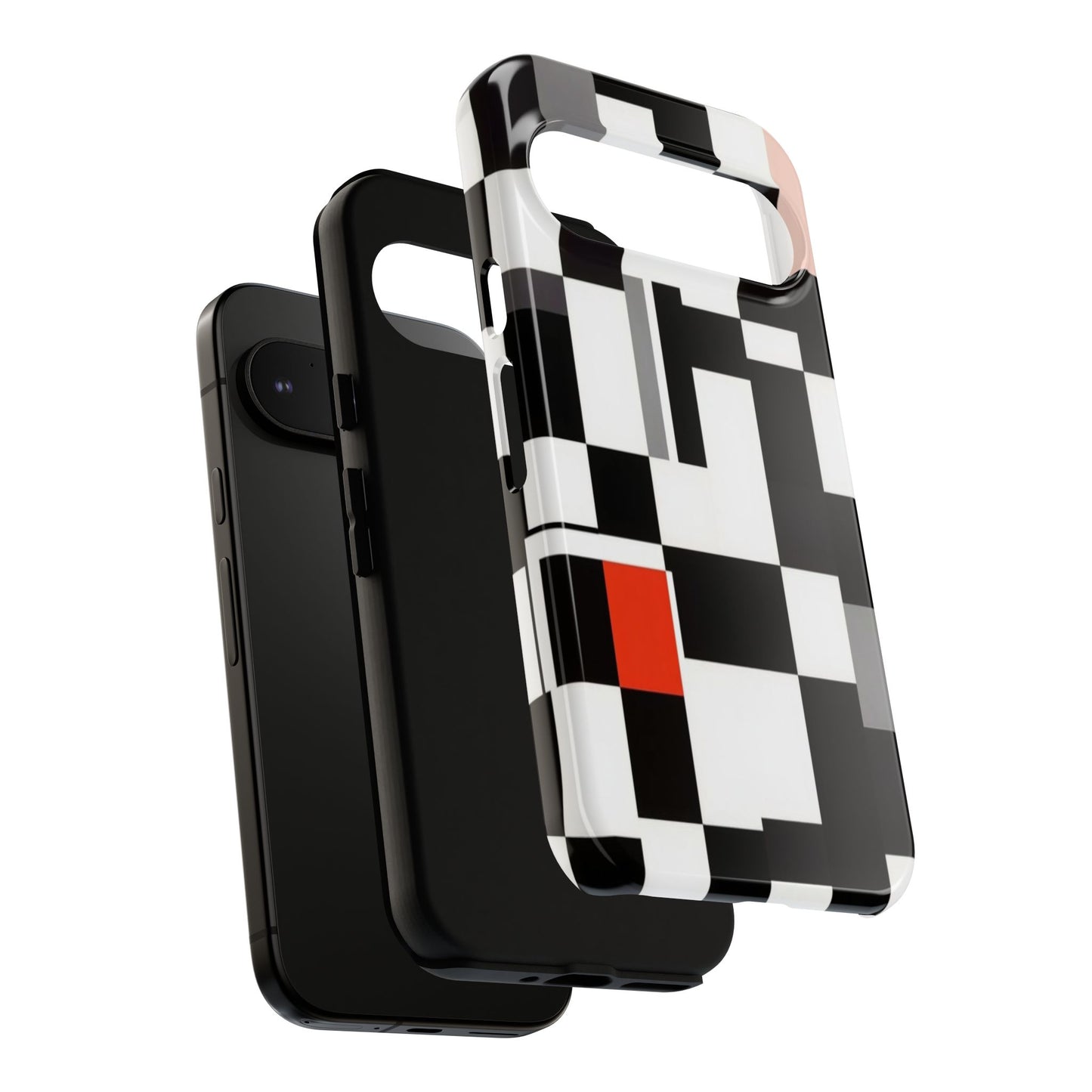 Abstract Geometric Phone Case – Black & White Checker Grid with Red Accent