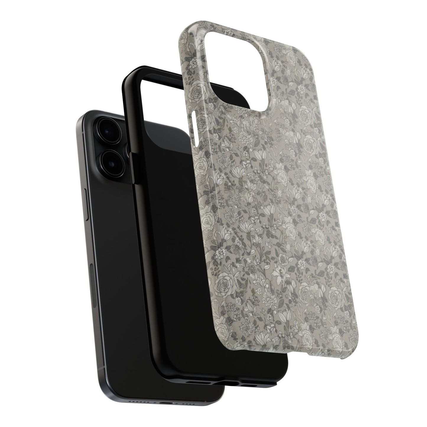 Gray Floral Tough Phone Case — Durable Protective Phone Cover with Vintage Botanical Pattern