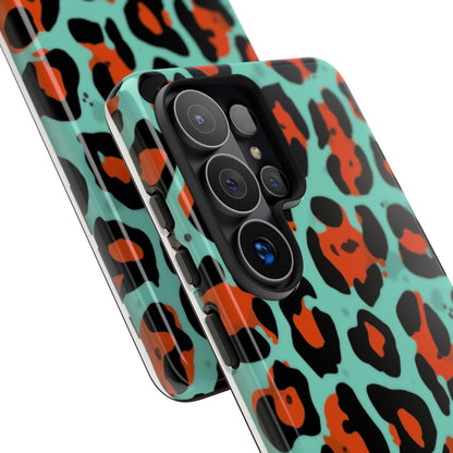 Leopard Print Tough Phone Case — Teal & Rust Protective iPhone Cover