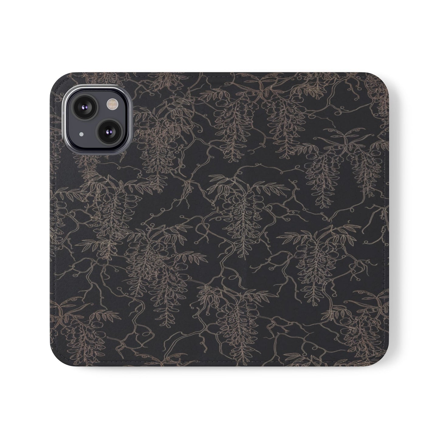 Botanical Noir Flip Phone Case — Dark Floral Wallet Cover with Card Slots