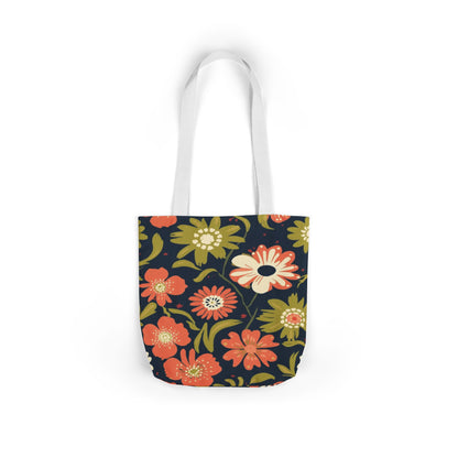 Floral Canvas Tote Bag — Retro Orange & Olive Flower Pattern