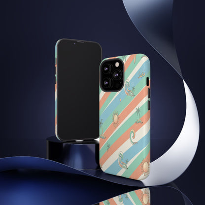 Retro Beach Stripes Phone Case — Sun, Waves & Palm Pattern Tough Case