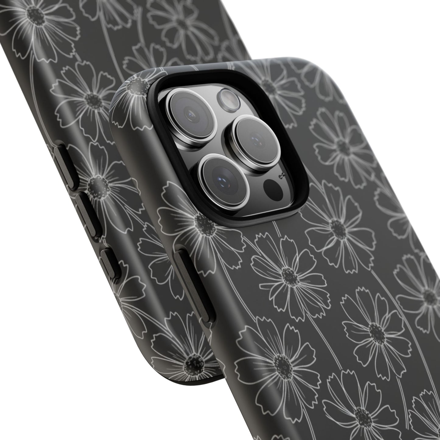Floral Doodle Tough Phone Case — Black & Gray Daisy Pattern
