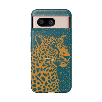 Leopard Print Tough Phone Case — Gold Panther on Teal, Protective iPhone Cover