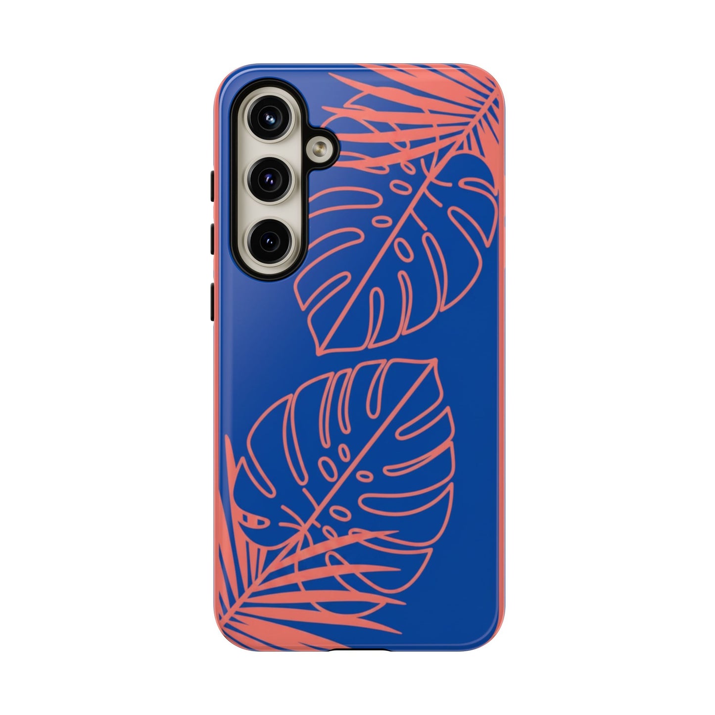Tropical Monstera Phone Case — Blue & Coral Leaf Protective Cover