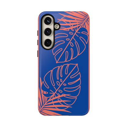 Tropical Monstera Phone Case — Blue & Coral Leaf Protective Cover
