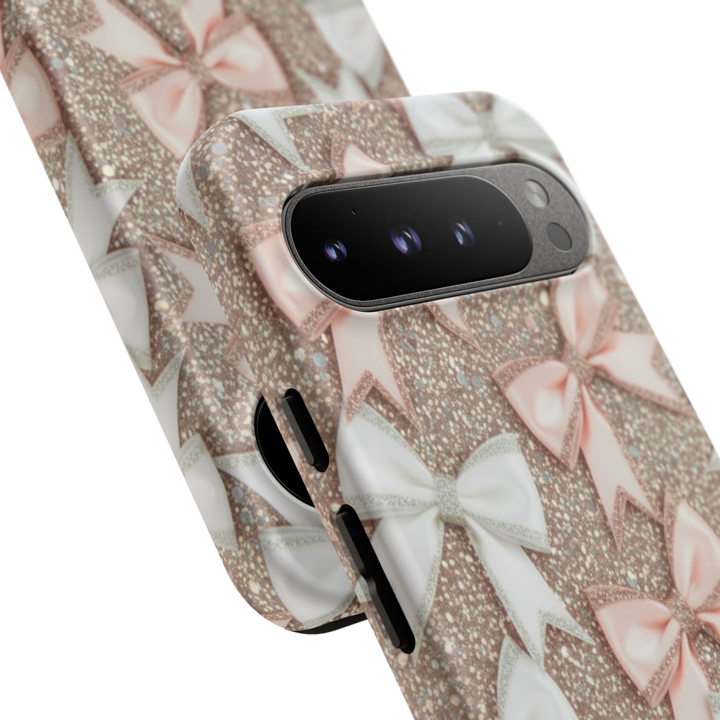 Glitter Bow Tough Phone Case — Pink & White Ribbon Protective Cover