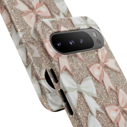 Glitter Bow Tough Phone Case — Pink & White Ribbon Protective Cover