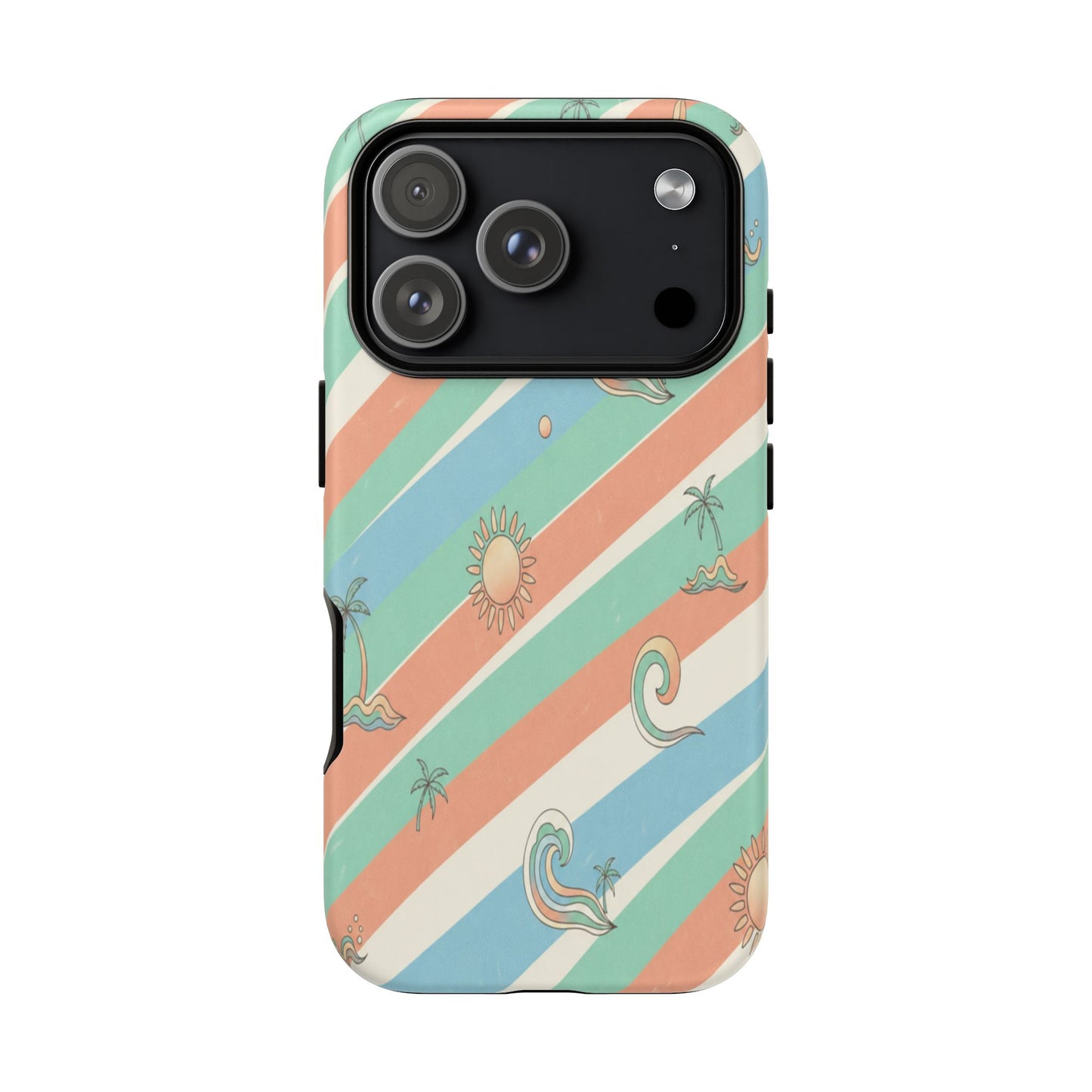Retro Beach Stripes Phone Case — Sun, Waves & Palm Pattern Tough Case