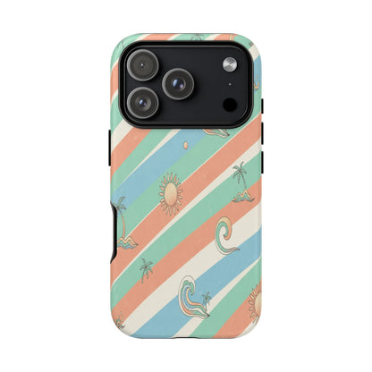 Retro Beach Stripes Phone Case — Sun, Waves & Palm Pattern Tough Case