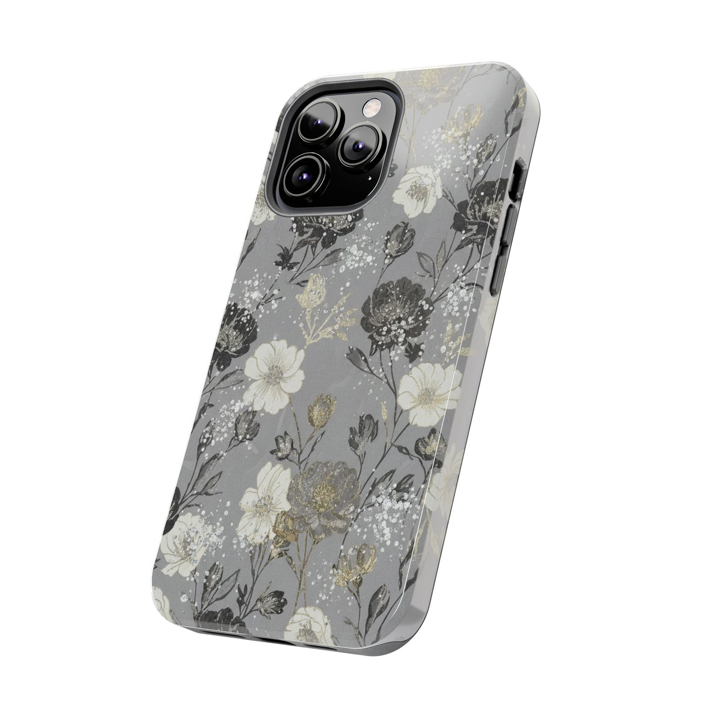 Floral Gray Tough Phone Case — Elegant Protective Phone Cover with Gold Accent