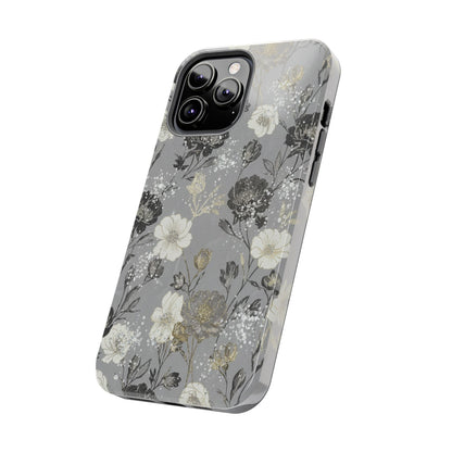 Floral Gray Tough Phone Case — Elegant Protective Phone Cover with Gold Accent