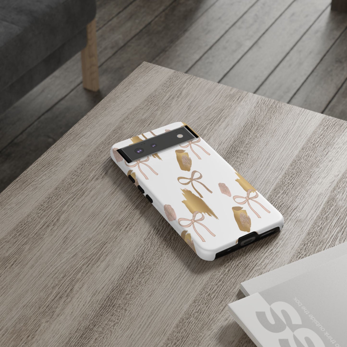 Phone Case — Gold Brushstroke & Blush Bow Pattern