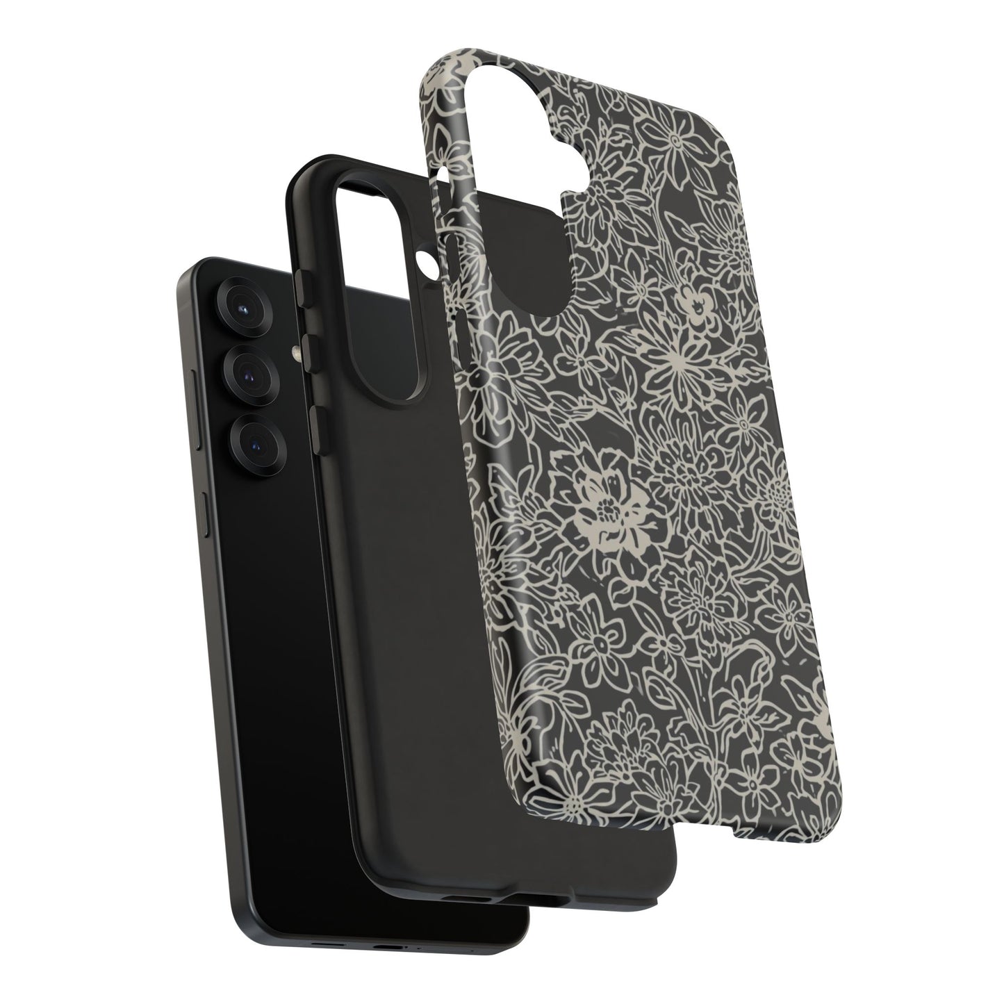 Floral Doodle Tough Phone Case — Black & White Sketch Flower Protective Cover