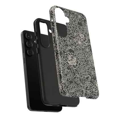 Floral Doodle Tough Phone Case — Black & White Sketch Flower Protective Cover