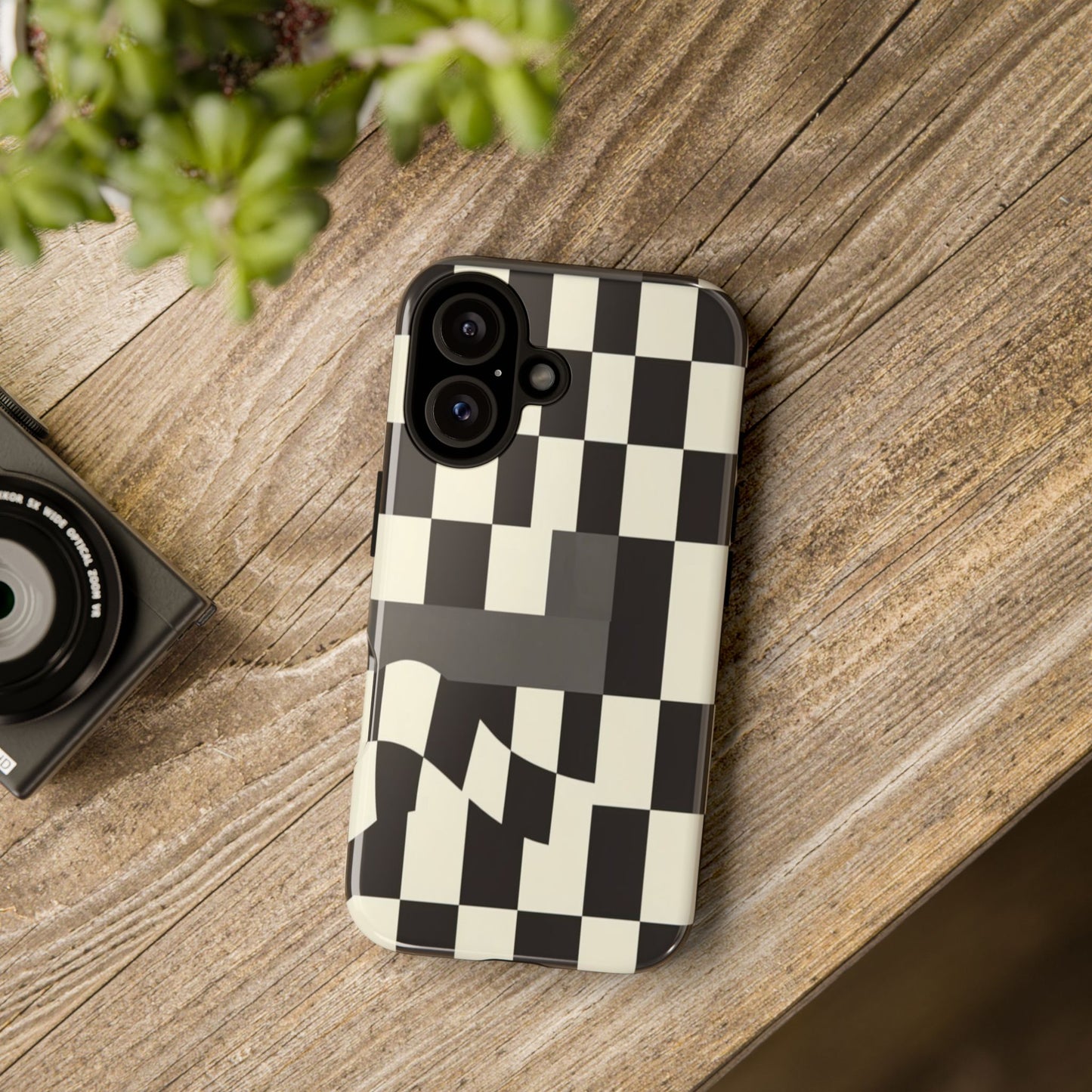 Checkerboard Wave Phone Case — Black & Cream Graphic Tough Case