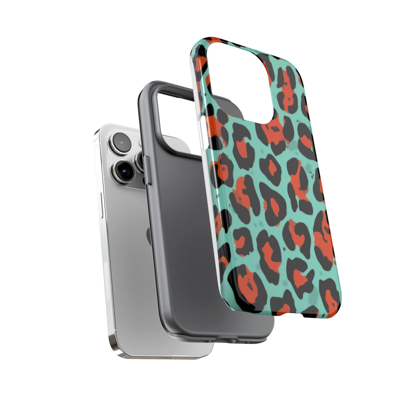 Leopard Print Tough Phone Case — Teal & Rust Protective iPhone Cover