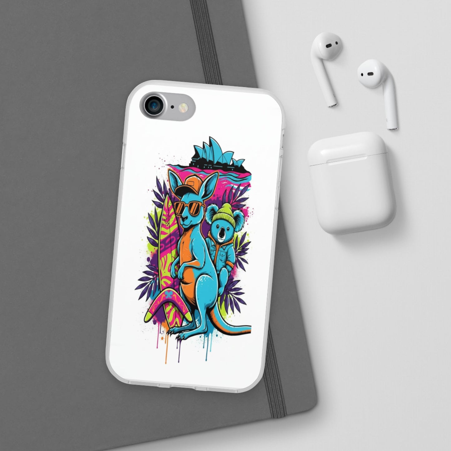 Kangaroo & Koala Surf Phone Case — Neon Aussie Beach Vibes Flexible Case