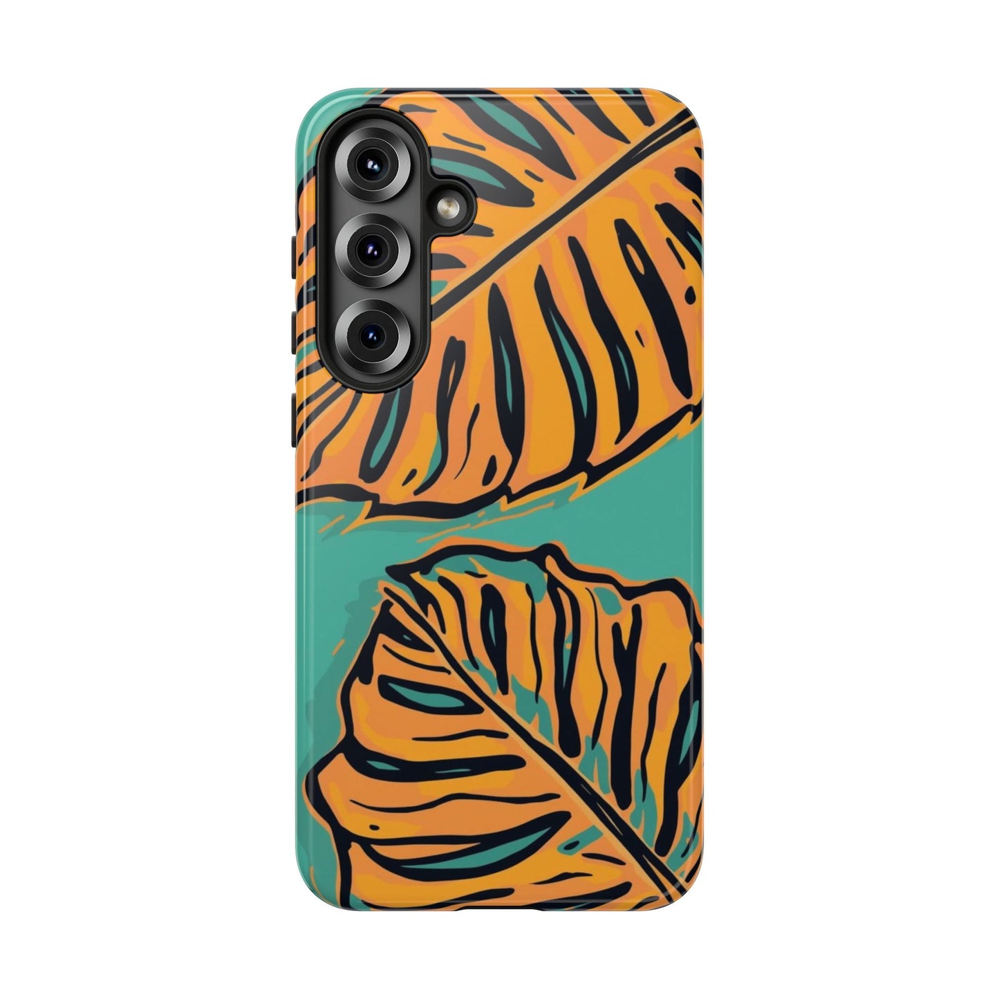Tropical Leaf Tough Phone Case — Orange Monstera Design on Teal