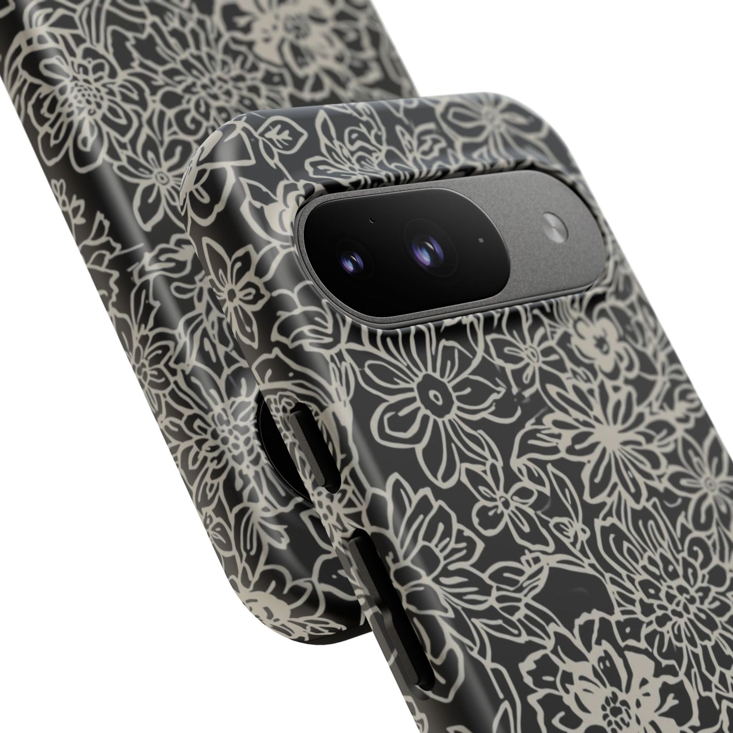 Floral Doodle Tough Phone Case — Black & White Sketch Flower Protective Cover