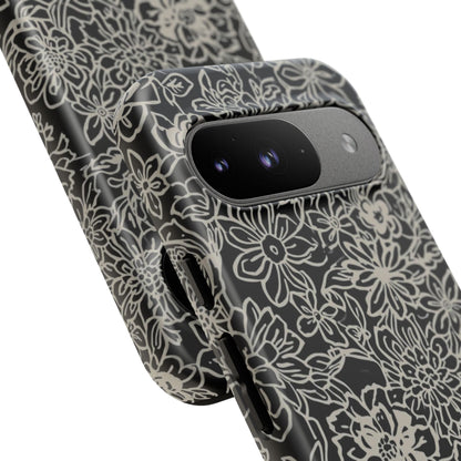 Floral Doodle Tough Phone Case — Black & White Sketch Flower Protective Cover