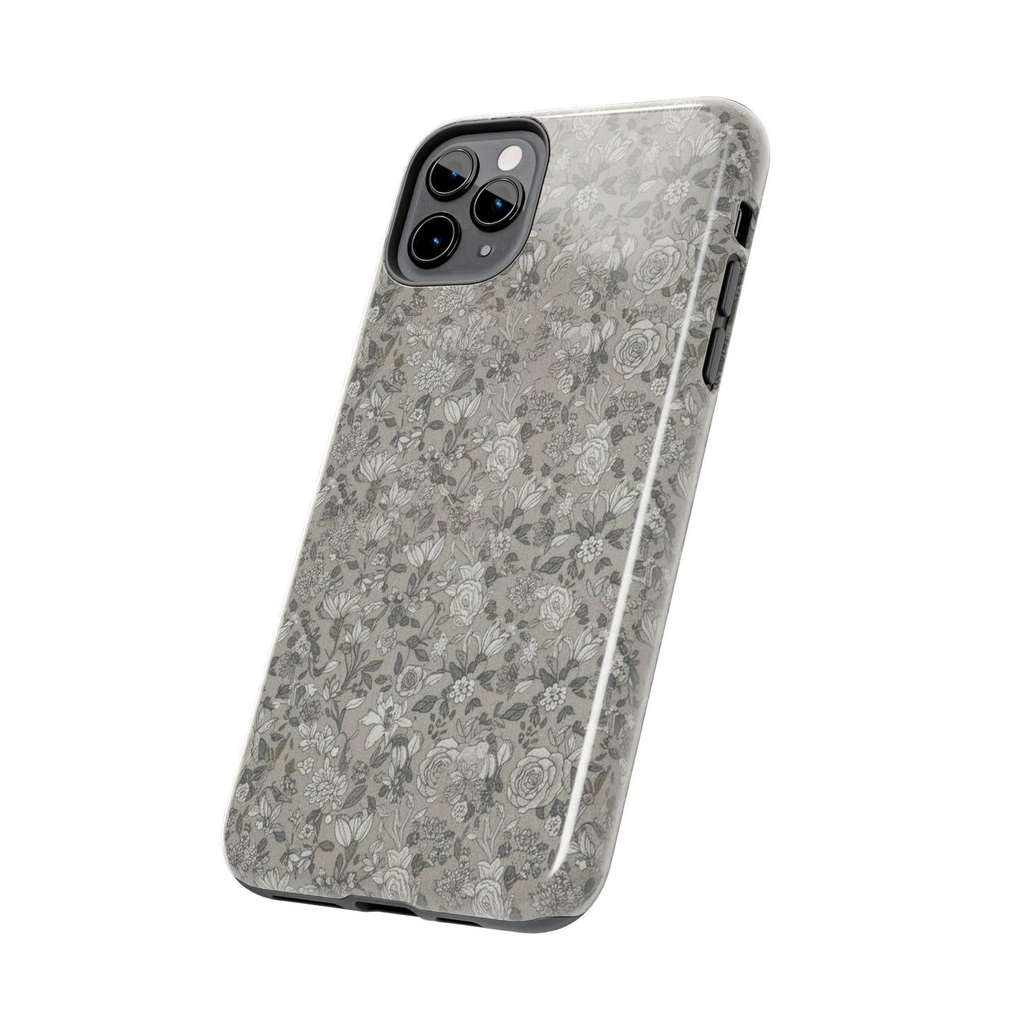 Gray Floral Tough Phone Case — Durable Protective Phone Cover with Vintage Botanical Pattern