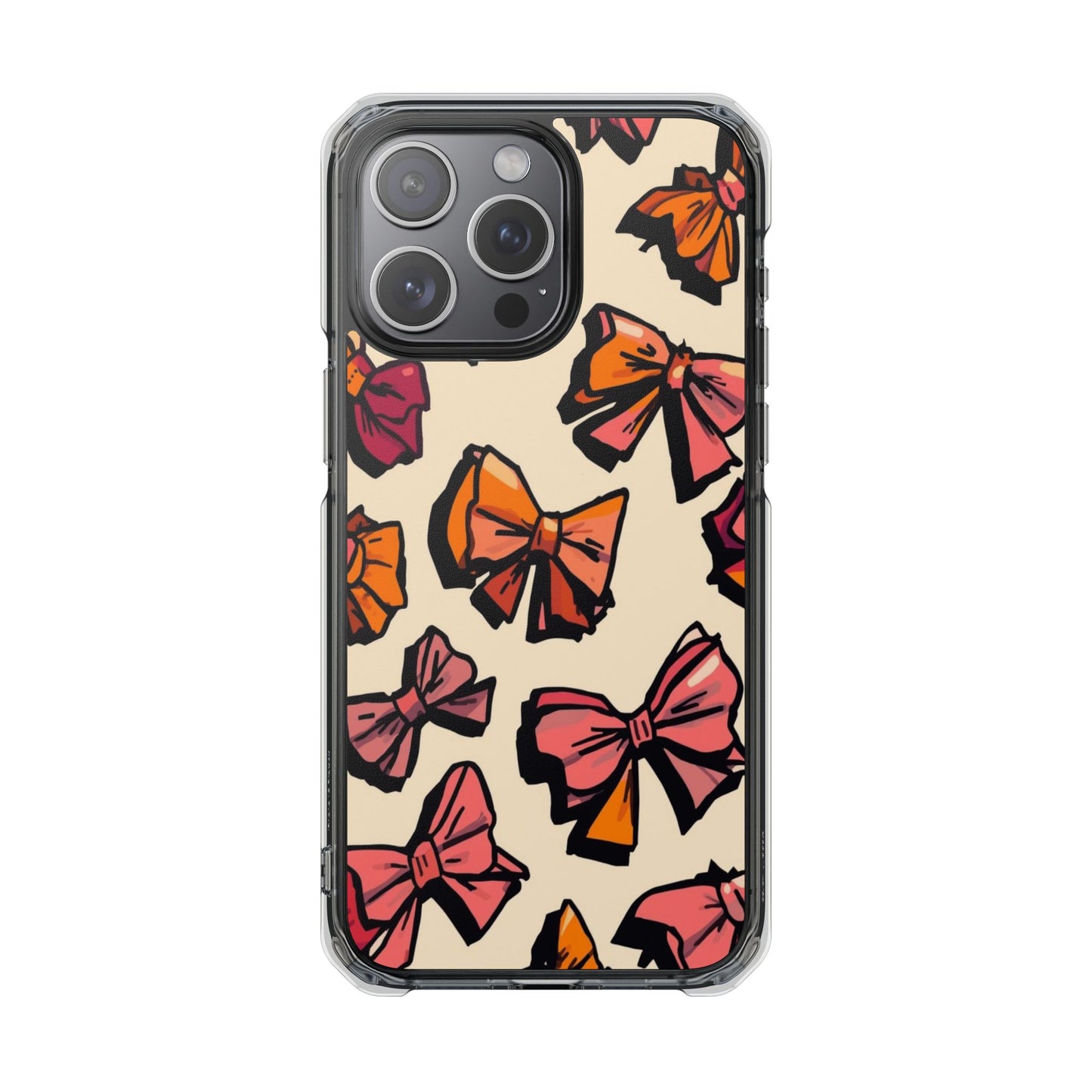 Clear Magnetic Phone Case — Hand-Drawn Pink & Orange Bows Design