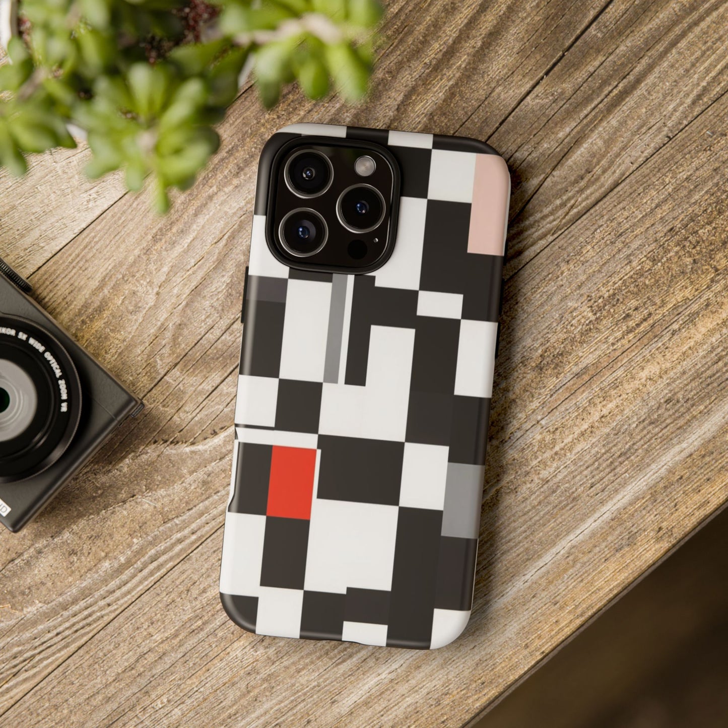 Abstract Geometric Phone Case – Black & White Checker Grid with Red Accent