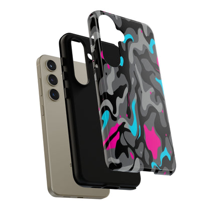 Camouflage Phone Case — Gray Camo with Neon Pink & Cyan Accent Tough Protective Cover