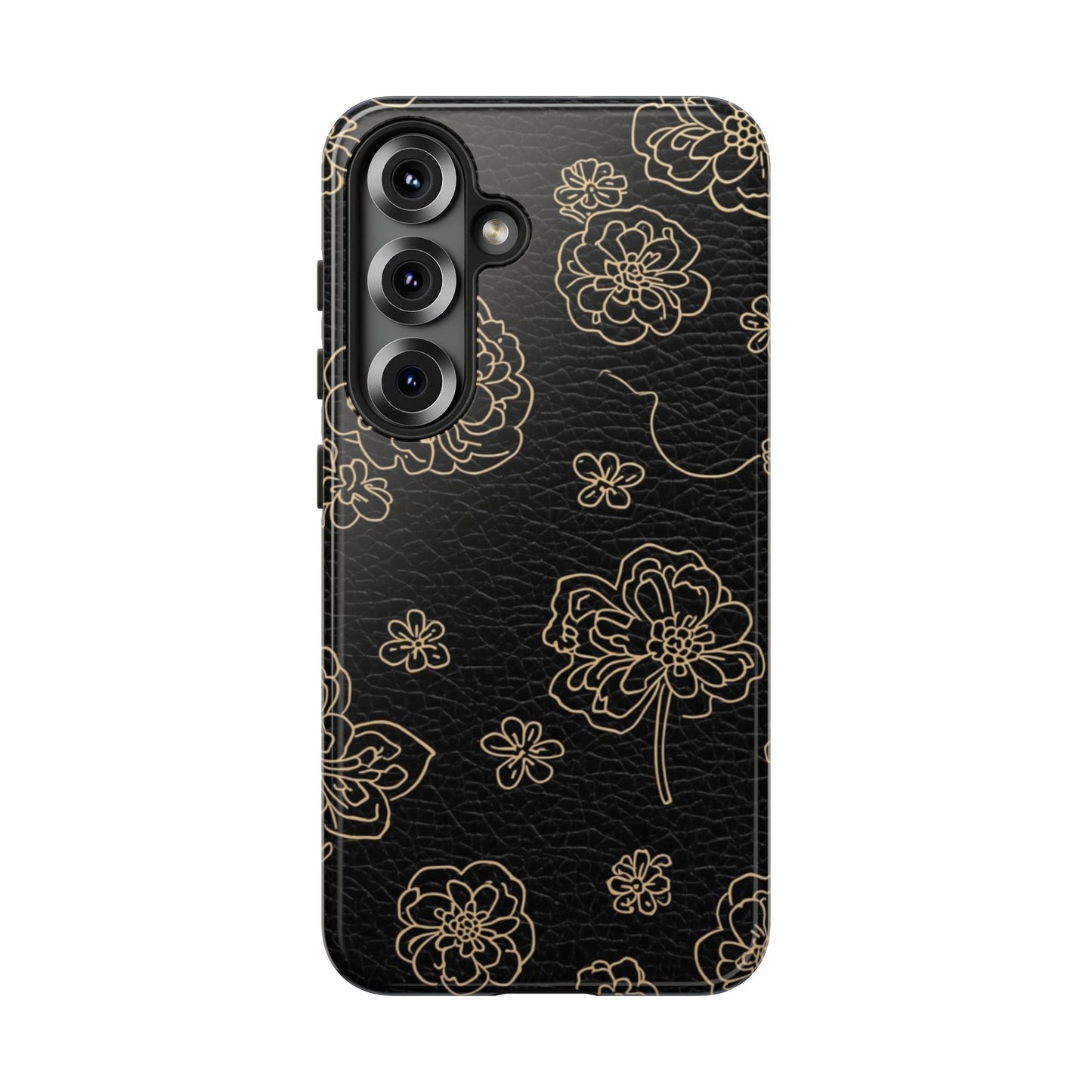 Floral Leather-Texture Tough Case – Black Gold Outline Phone Cover