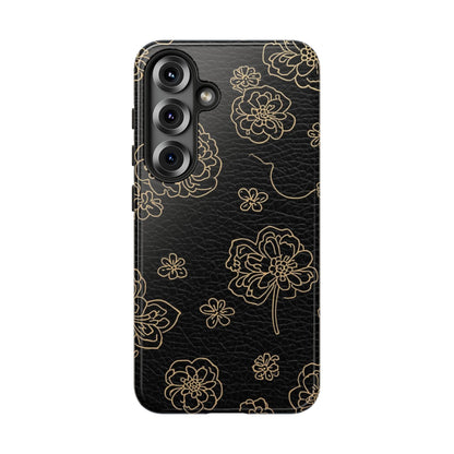 Floral Leather-Texture Tough Case – Black Gold Outline Phone Cover