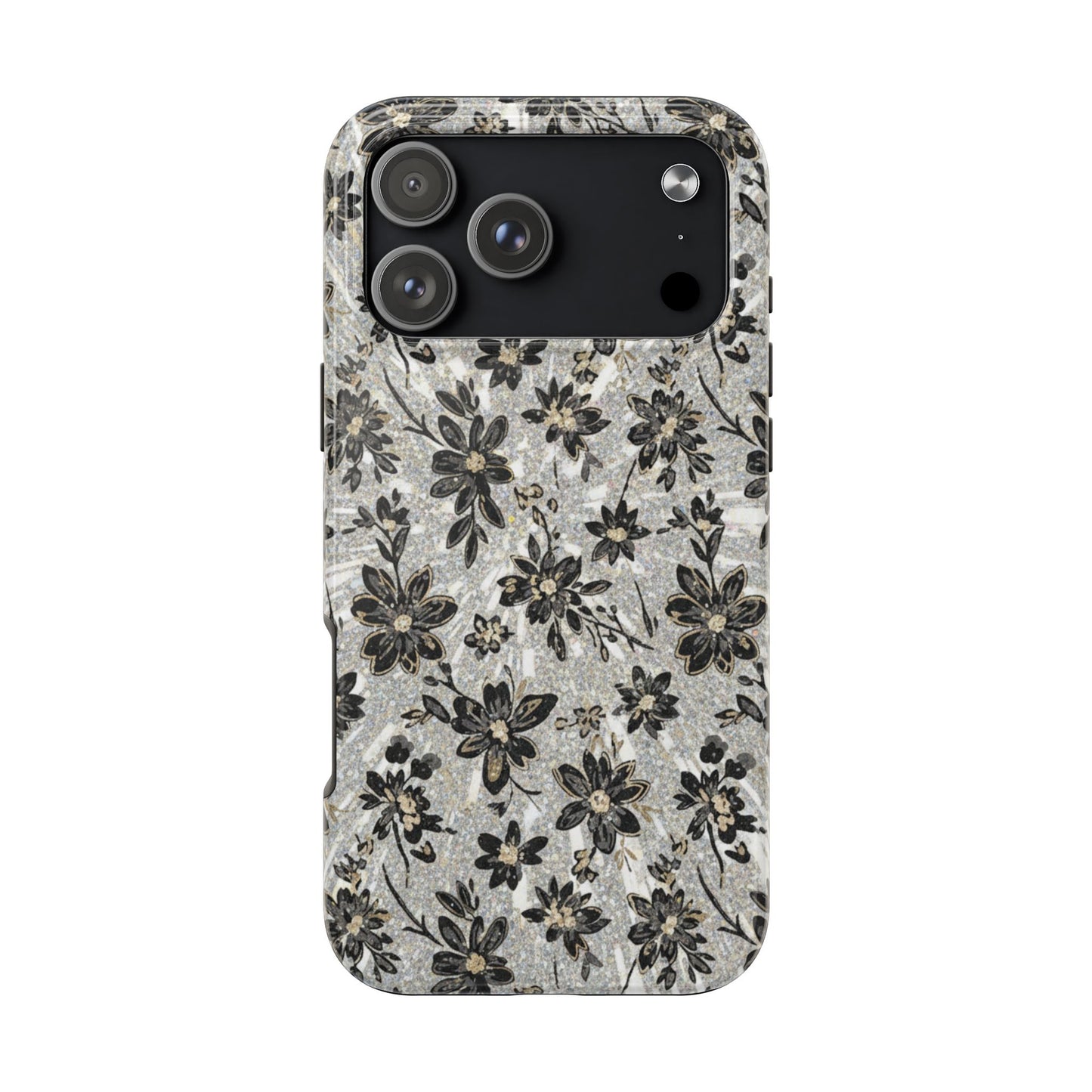 Floral Vintage Tough Phone Case — Black & Gray Rustic Flower Protective Case