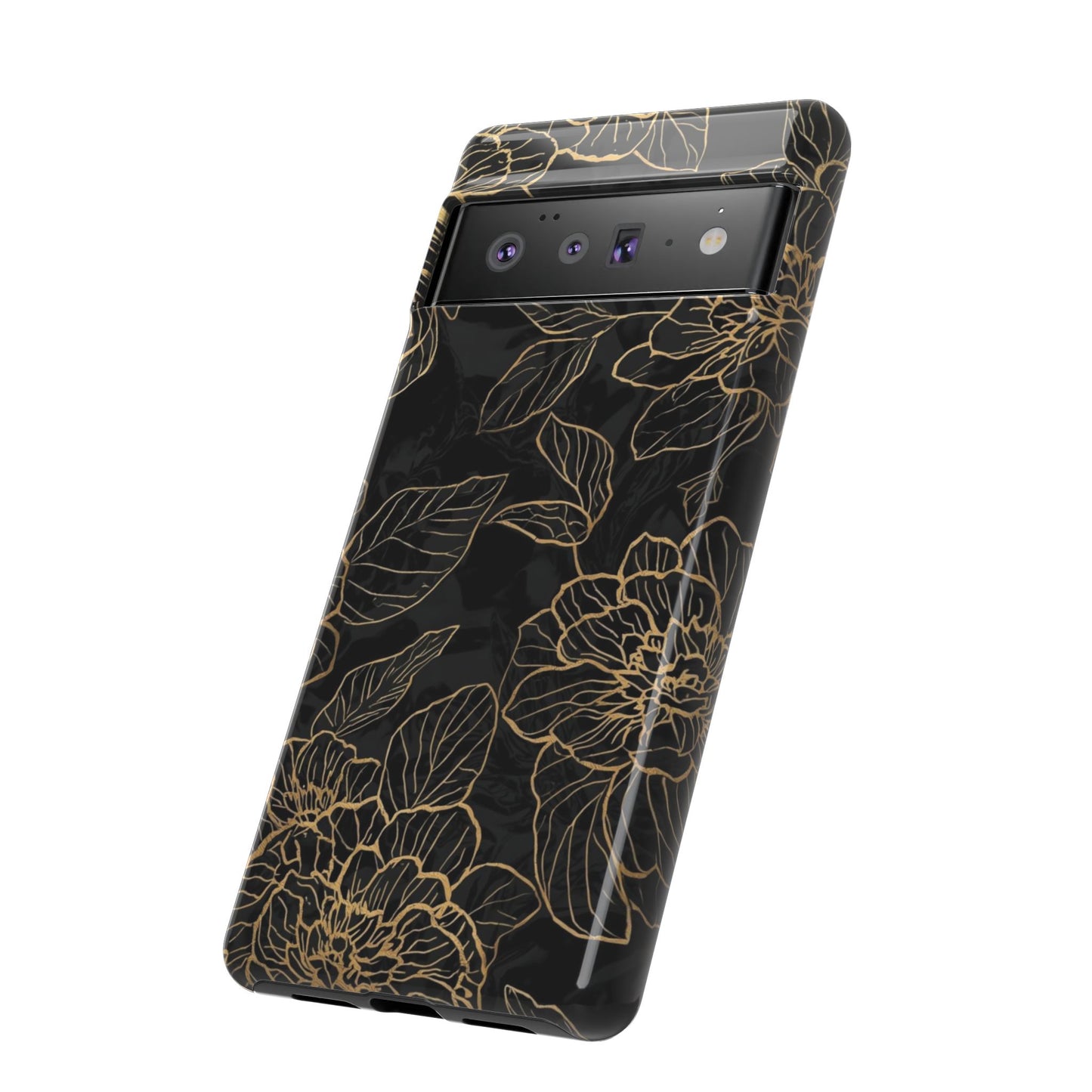 Floral Gold Outline Tough Phone Case – Black Botanical Protective Cover