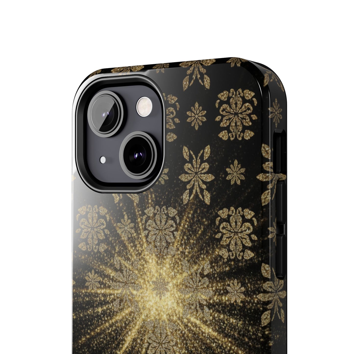 Glitter Burst Tough Phone Case — Black & Gold Floral Protective Cover