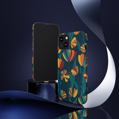 Floral Retro Teal Tough Phone Case — Vibrant Orange & Mustard Blooms