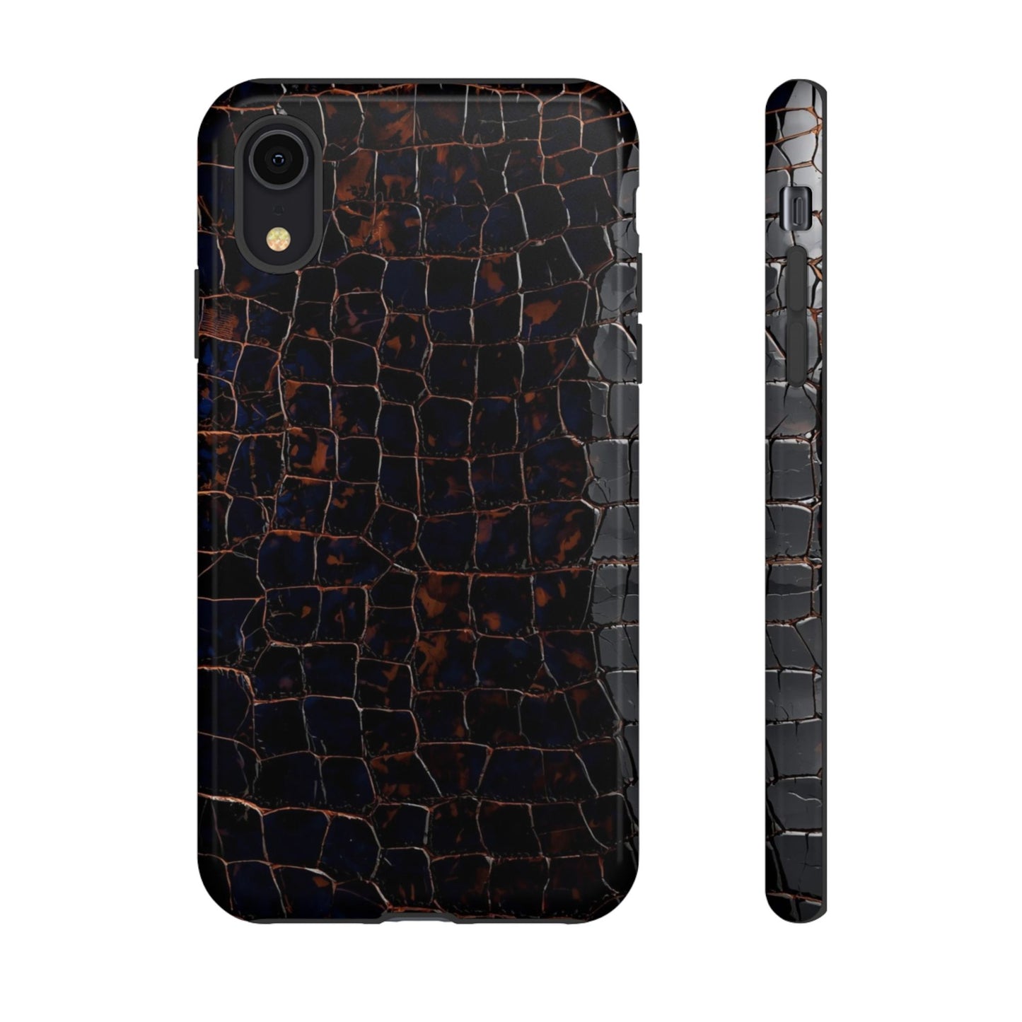 Croc-Embossed Tough Phone Case — Shockproof Black Alligator Texture