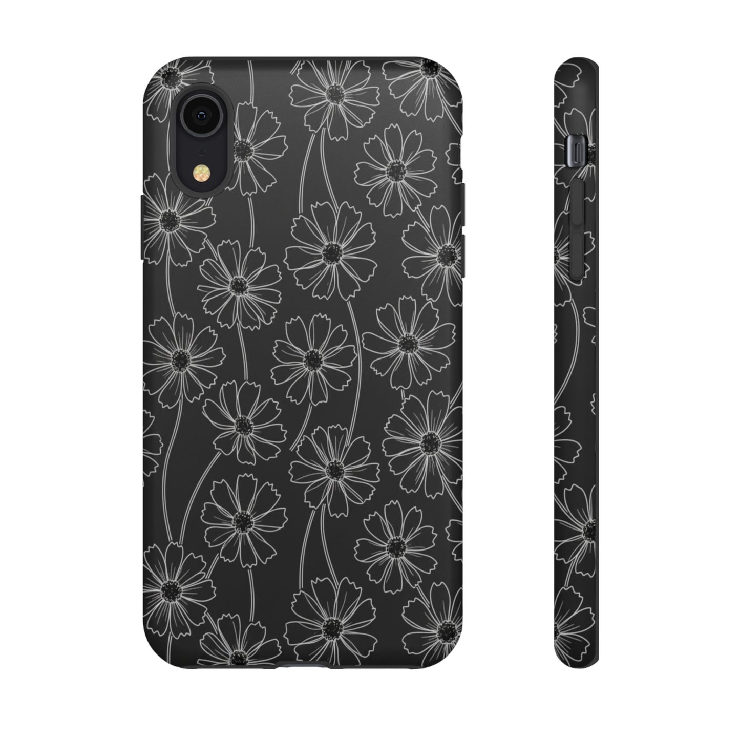 Floral Doodle Tough Phone Case — Black & Gray Daisy Pattern