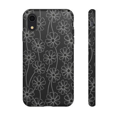 Floral Doodle Tough Phone Case — Black & Gray Daisy Pattern