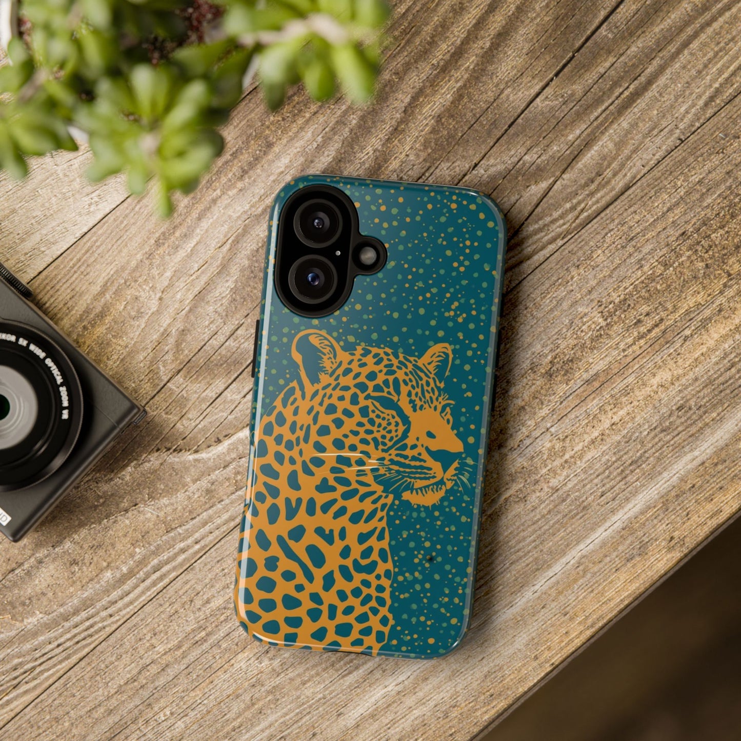 Leopard Spotlight Phone Case — Teal Gold Animal Print Protective Cover