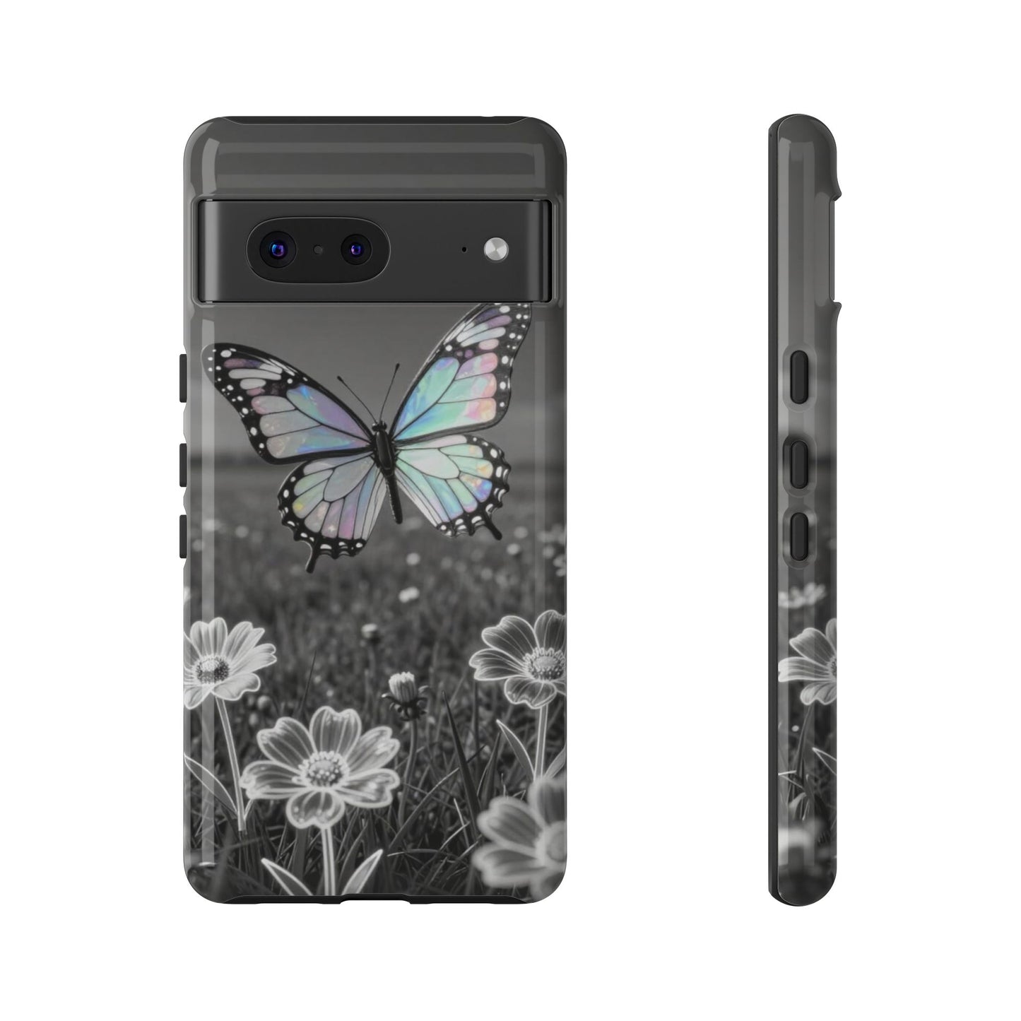 Butterfly Field Tough Phone Case — Pastel Holographic Butterfly on Black & White Floral Background