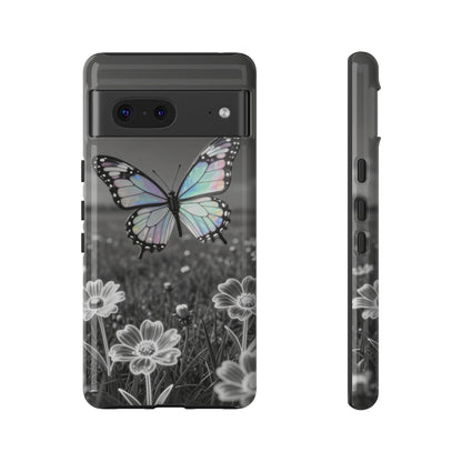 Butterfly Field Tough Phone Case — Pastel Holographic Butterfly on Black & White Floral Background