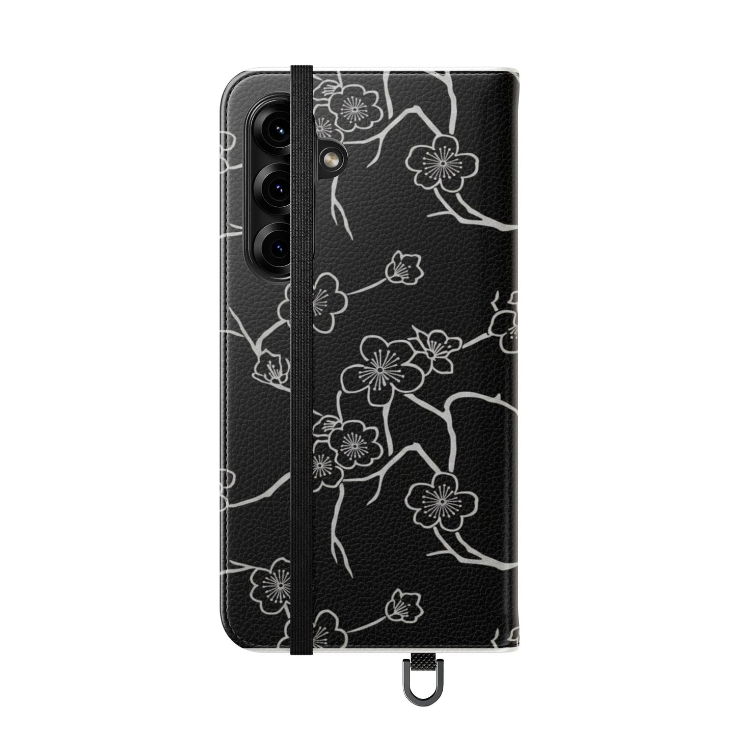Black Cherry Blossom Flip Phone Case – Floral Wallet Flip Case with Card Slots