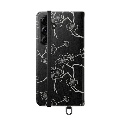 Black Cherry Blossom Flip Phone Case – Floral Wallet Flip Case with Card Slots