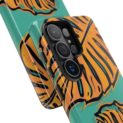 Tropical Leaf Tough Phone Case — Orange Monstera Design on Teal