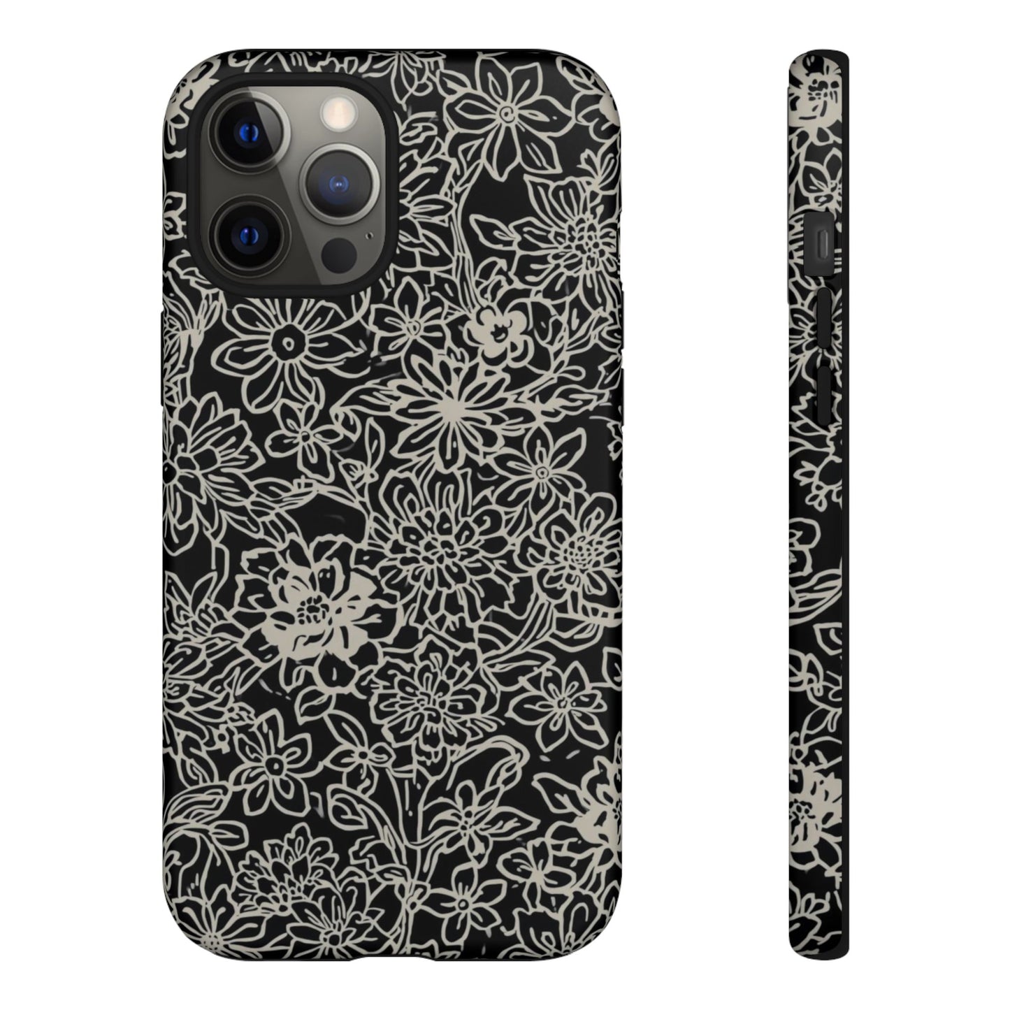 Floral Doodle Tough Phone Case — Black & White Sketch Flower Protective Cover