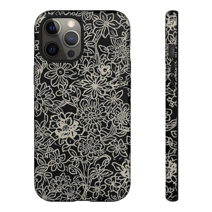 Floral Doodle Tough Phone Case — Black & White Sketch Flower Protective Cover