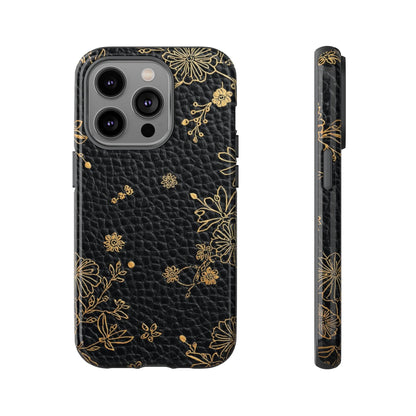 Floral Gold Foil Leather Texture Tough Phone Case