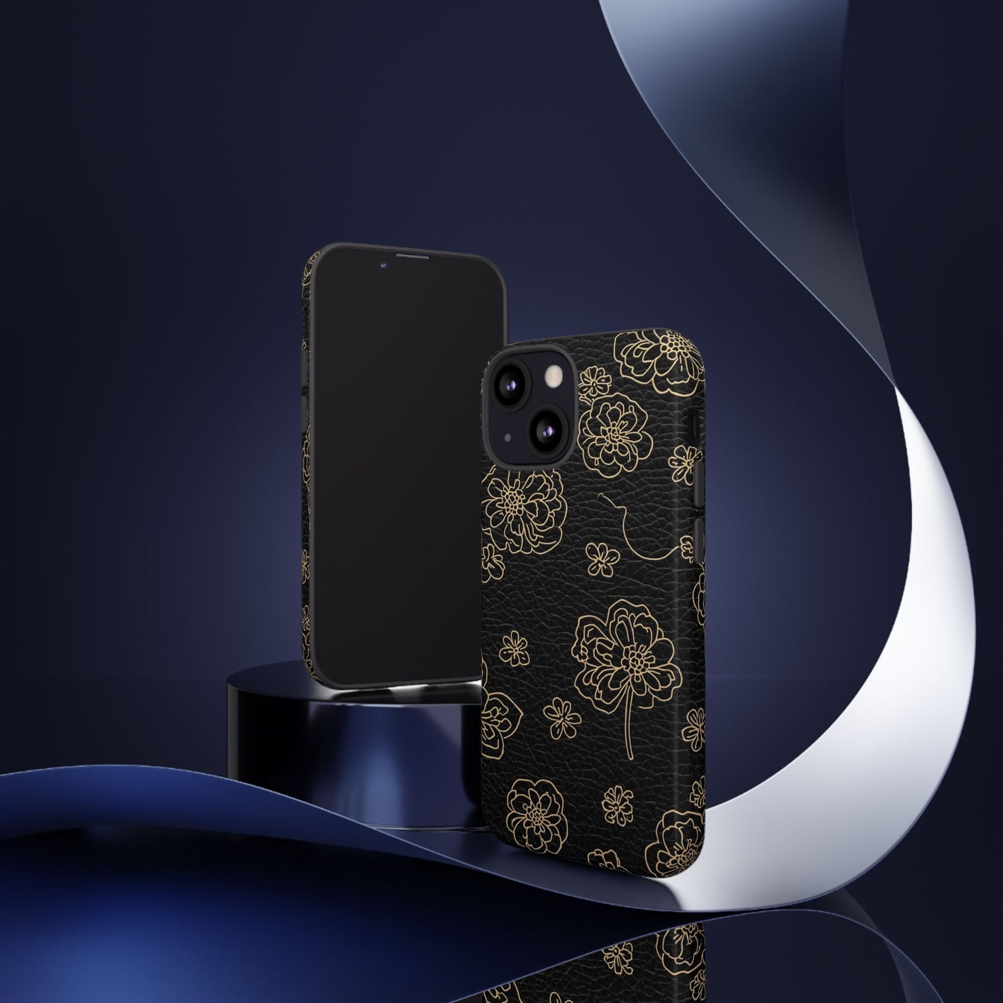 Floral Leather-Texture Tough Case – Black Gold Outline Phone Cover