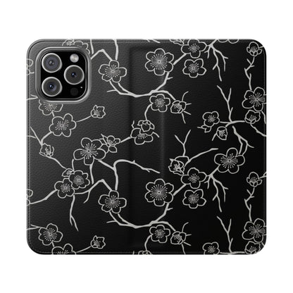 Black Cherry Blossom Flip Phone Case – Floral Wallet Flip Case with Card Slots