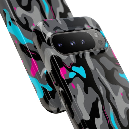 Camouflage Phone Case — Gray Camo with Neon Pink & Cyan Accent Tough Protective Cover